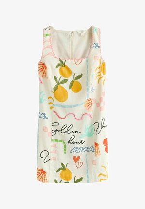 Ärmelloses weißes Kleid mit gelben Früchten, orangefarbenen Muscheln, blauen Wellen, Herzen und dem Schriftzug "Golden hour" in schwarzer Schreibschrift.