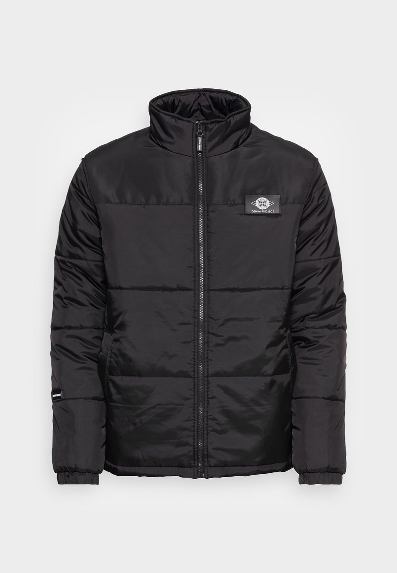 Black padded jacket with high collar, front zipper, and logo patch. Features elastic cuffs and horizontal stitching details for texture.