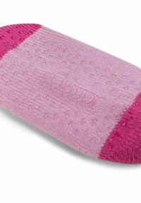 Calzino rosa chiaro realizzato in tessuto texturizzato con punta e tallone di un rosa scuro uniforme. Presenta un motivo a pois e il nome del marchio in rilievo sul lato.