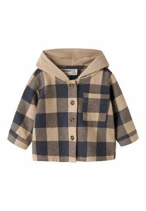 Veste à carreaux beige et bleu marine pour tout-petits avec capuche, boutons sur le devant, manches longues et poche poitrine.