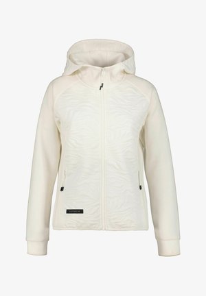 Weiße Kapuzenjacke mit durchgehendem Reißverschluss, strukturiertem Vorderteil, langen Ärmeln, seitlichen Reißverschlusstaschen und ICPEAK-Logopatch in der Nähe des Saums.