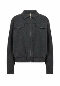 Dark gray bomber jacket made of wool blend material, featuring a zip closure, two chest pockets, and ribbed cuffs and hem.