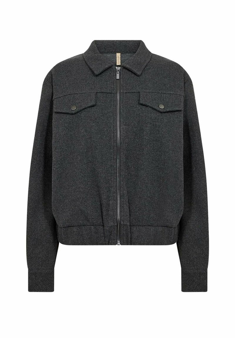 Dark gray bomber jacket made of wool blend material, featuring a zip closure, two chest pockets, and ribbed cuffs and hem.