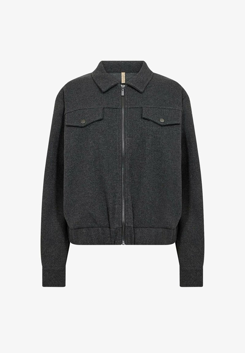 Dark gray bomber jacket made of wool blend material, featuring a zip closure, two chest pockets, and ribbed cuffs and hem.