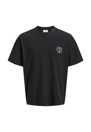 T-shirt noir à manches courtes avec petit logo blanc et texte sur le côté gauche de la poitrine, doté d'un col rond et d'une coupe régulière.