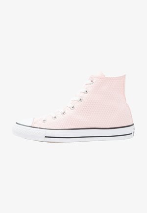High-top sneakers in light pink fabric with a textured diamond pattern, white rubber toe cap, and black striped sole.