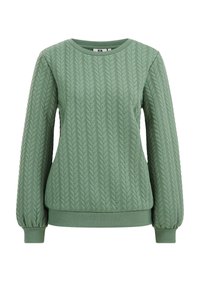 Grünes, gesteppter Pullover mit strukturiertem, geripptem Muster, Rundhalsausschnitt und aufgepufften Ärmeln mit engem Saum.