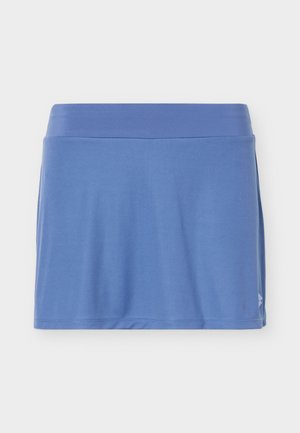 Falda deportiva azul con cinturilla ancha y tejido texturizado, vista desde arriba sobre un fondo blanco.