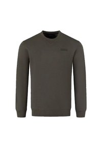 Oliwkowy sweter wykonany z miękkiej mieszanki bawełny, z dekoltem w kształcie V, długimi rękawami oraz teksturowanym ściągaczem na dole i mankietach. Mały detal z logo na klatce piersiowej.