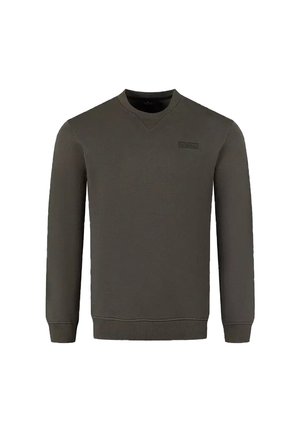 Oliwkowy sweter wykonany z miękkiej mieszanki bawełny, z dekoltem w kształcie V, długimi rękawami oraz teksturowanym ściągaczem na dole i mankietach. Mały detal z logo na klatce piersiowej.