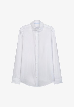 Biała koszula z długim rękawem, wykonana z gładkiego materiału, z zapięciem na guziki z przodu oraz klasycznym kołnierzykiem z delikatnym niebieskim wykończeniem wewnątrz.