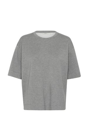T-shirt gris à manches courtes en coton doux, avec un col rond et une coupe ample. Design minimaliste sans motifs ni accents supplémentaires.