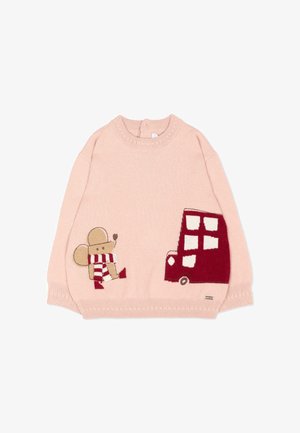 Maglione rosa lavorato a maglia con un topo che indossa una sciarpa rossa e bianca e stivali, e una grafica di un autobus rosso sul davanti.