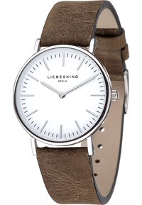Silberfarbene Uhr mit minimalistischem weißen Zifferblatt, braunem Lederarmband und einfachen Stundenmarkierungen, ausgestattet mit einem polierten Metallgehäuse.