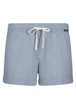 Lichtblauwe katoenen shorts met een trekkoord in de taille, omgeslagen zomen en een stoflabel op de tailleband. Glad materiaal en casual ontwerp.