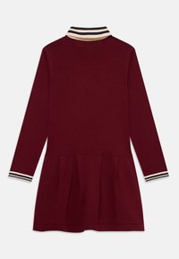 Burgundy långärmad klänning med en plisserad kjol, med en randig krage i marinblått, vitt och beige. Mjuk stickad tyg.