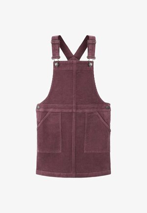 Salopette in corduroy bordeaux con spalline regolabili, due tasche anteriori e dettagli in metallo. Tessuto morbido con motivo a coste.