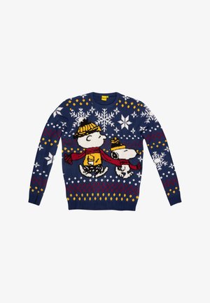 Maglione lavorato a maglia di colore blu navy con Snoopy e Woodstock decorati con fiocchi di neve. I colori vivaci includono accenti gialli, rossi e bianchi. Collo rotondo e maniche lunghe.