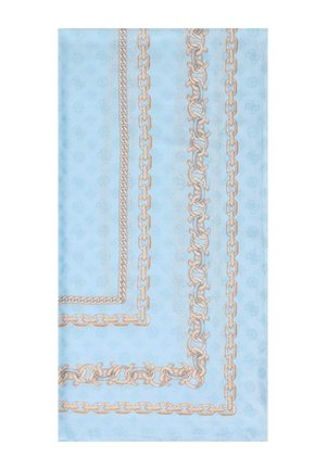 Lichtblauwe stof met beige en witte kettingpatronen die in parallelle lijnen en hoeken zijn gerangschikt en een rechthoekige rand vormen.