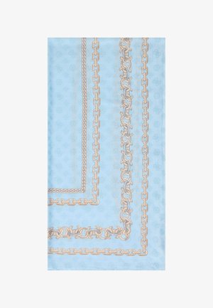 Hellblauer Stoff mit beigen und weißen Kettenmustern, die in parallelen Linien und Ecken angeordnet sind und einen rechteckigen Rahmen bilden.