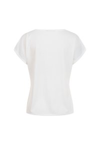 Blusa blanca lisa de manga corta con un amplio escote redondo y ajuste ligeramente holgado, mostrada desde atrás sobre un fondo blanco.