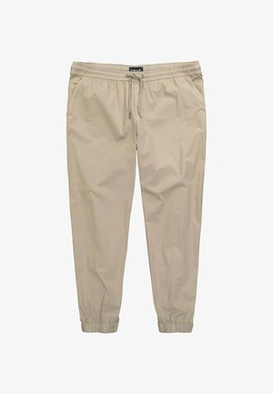 Beige Herren-Jogginghosen mit elastischem Bund, Kordelzug, Seitentaschen und elastischen Bündchen an den Knöcheln.