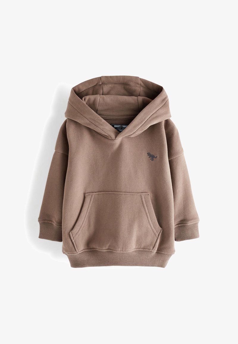 Sweat à capuche marron pour tout-petit avec poche kangourou, poignets et bas côtelés, petit logo dinosaure sur la poitrine, fabriqué en tissu doux.