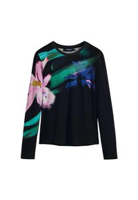 T-shirt à manches longues noir avec un motif floral en rose, bleu et vert. Fabriqué en tissu doux avec un col rond.