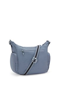 Borsa a tracolla blu con tasche frontali e laterali con zip, tracolla regolabile a righe e accessori in tonalità argento.