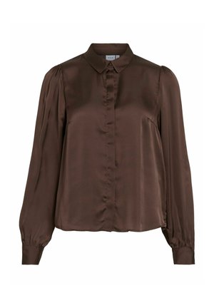 Brown satin blouse with a collared neckline, long puff sleeves, and a front button closure. Smooth texture and minimal detailing.