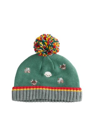 Strickmütze inTürkis mit einem mehrfarbigen Pom-Pom, versehen mit Tierstickerei und einem gestreiften grauen Rippenrand mit roten und gelben Akzenten.