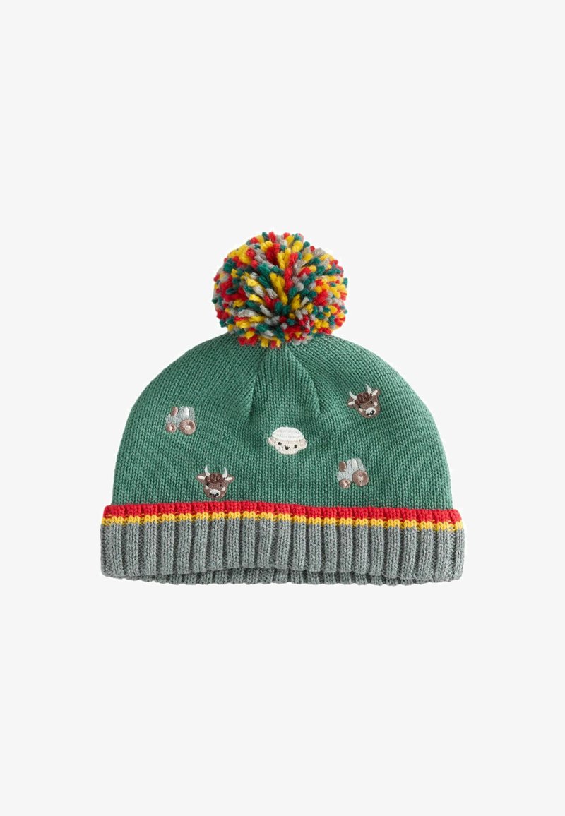 Cappello lavorato a maglia in teal con un pompon multicolore, caratterizzato da ricami di animali e una visiera a coste grigia a righe con accenti rossi e gialli.