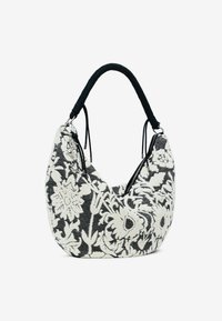 Schwarz-weiße florale bestickte Handtasche mit geschwungenem Design, weicher Textur und geflochtenem Griff. Verfügt über zwei seitliche Reißverschlüsse.