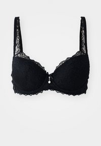 Schwarzer Spitzen-BH mit gepolsterten Cups, verstellbaren Trägern und einem dekorativen Perlenakzent in der Mitte. Strukturierter Blumenmuster über das gesamte Design.