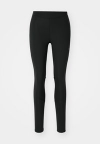 Fekete leggings rugalmas anyagból, sima felülettel, testhezálló fazonnal és finom varrási részletekkel a lábak mentén.