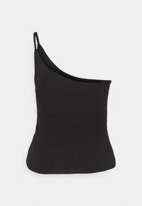 Zwarte top met één schouder, gemaakt van gladde, stretchstof; getailleerd ontwerp met een gebogen zoom en een smalle band aan één kant, minimalistische stijl.