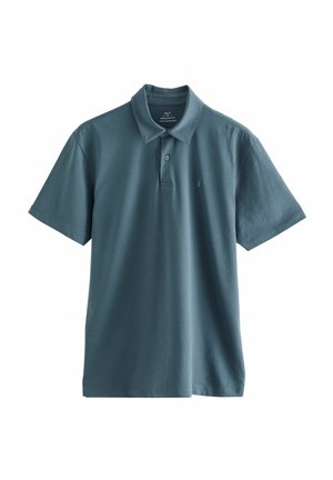 Teal värvi puuvillane polo särk, millel on krae, kahe nupuga nööpauk, lühikesed varrukad ja diskreetne logo rinnal. Sujuv tekstuur.