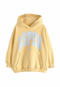 Żółta bawełniana bluza z kapturem, z przednią kieszenią, z białym napisem "ASPEN" oraz "1982" poniżej. Luźny krój i długie rękawy z ściągaczami.