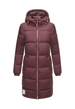 Bordowy ocieplany płaszcz z kapturem, zapinany na zamek błyskawiczny, z elastycznymi mankietami i dwiema kieszeniami po bokach. Ma naszywkę z logo na dolnej przedniej części.