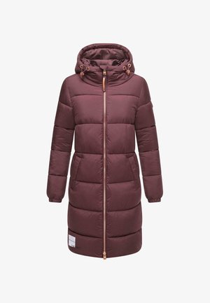 Bordowy ocieplany płaszcz z kapturem, zapinany na zamek błyskawiczny, z elastycznymi mankietami i dwiema kieszeniami po bokach. Ma naszywkę z logo na dolnej przedniej części.