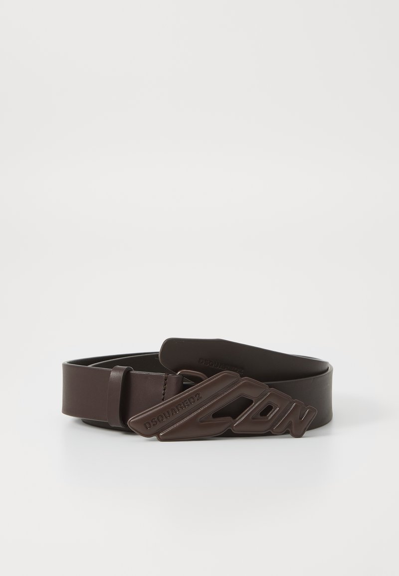 Brown belt made of flexible material, featuring a matte logo buckle with "DSQUARED2" and "ICON" embossed, designed with a smooth texture.