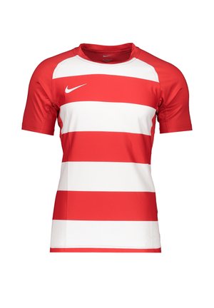 Koszulka sportowa z krótkim rękawem z szerokimi poziomymi czerwono-białymi paskami i małym białym logo Nike na górnej lewej stronie klatki piersiowej.