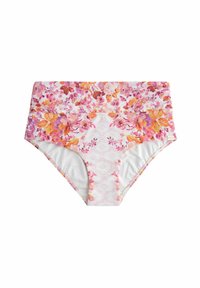 Augstās jostas biksītes ar ziedu rakstu rozā un oranžos toņos uz balta fona, ar gludu audumu un elastīgu jostasvietu.