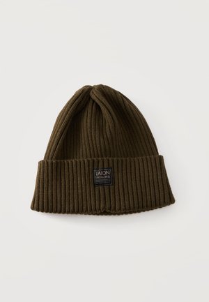 Gorro de punto acanalado de color verde oliva oscuro, con vuelta en el borde y una pequeña etiqueta TAION, sobre un fondo liso y claro.
