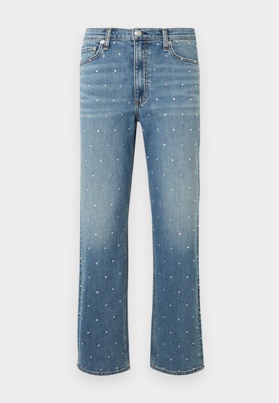 Niebieskie dżinsy z prostymi nogawkami, ozdobione wzorem z drobnych srebrnych aplikacji oraz klasycznym pięciokieszeniowym krojem.