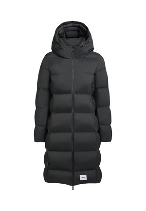 Zwarte pufferjas met hoge kraag, ritssluiting en grote horizontale stille secties. Heeft een afneembare capuchon en logo-accent.