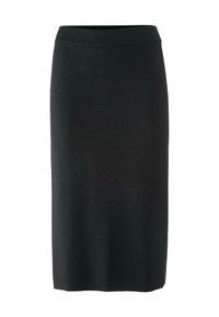 Mustat kynähameet pehmeästä, teksturoidusta kankaasta. Muotoiltu, jossa korkea vyötärö, laskeutuu polven puoliväliin. Ei näkyviä kuvioita tai yksityiskohtia.