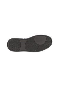 Schwarze Gummisohle mit strukturiertem Fischgrätenmuster, ausgestattet mit einem glatten, abgerundeten Fersenbereich und einem flachen Zehen Design.