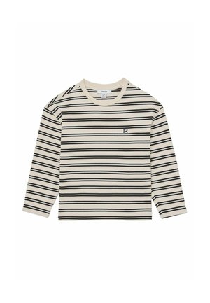 Top z długim rękawem w kremowo-czarne paski, z poziomymi paskami i małym haftowanym logo na klatce piersiowej. Miękka bawełniana tkanina.