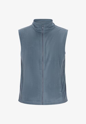 Puhaszövet mellény lágy kék színben, magas gallérral és teljes cipzárral. Simább textúrájú és ujj nélküli kialakítás jellemzi, amely rétegezésre alkalmas.